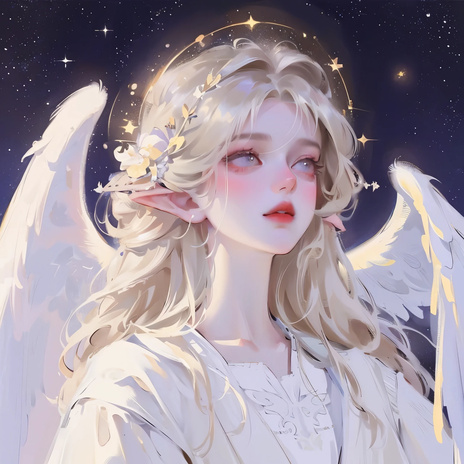 Full body painting,Detailed full body portrait,(Girl looking up at the starry sky), Angelic, Angelic, (Angel Wings), White Dress,Mandy Jurgens (Mandy Jurgens) Realistic paintings created, , Figurative Art, A detailed description, Realistically, A work of art, contour, View from the side, Simple background