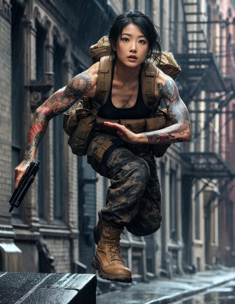 8k,Realistic Photo、Realistic Skin Texture、Superrealism、Japanese women in the U.S. military、Tattoo、Beauty、American cityscape、Jump from the roof of an old building to the roof of the next building、Automatic rifle、Heavy equipment、after the rain、Covered in scars、It is dirty、muscle、The background is out of focus、While avoiding gunfire、Desperate look、Dramatic composition、action、Fierce Battle、Ace