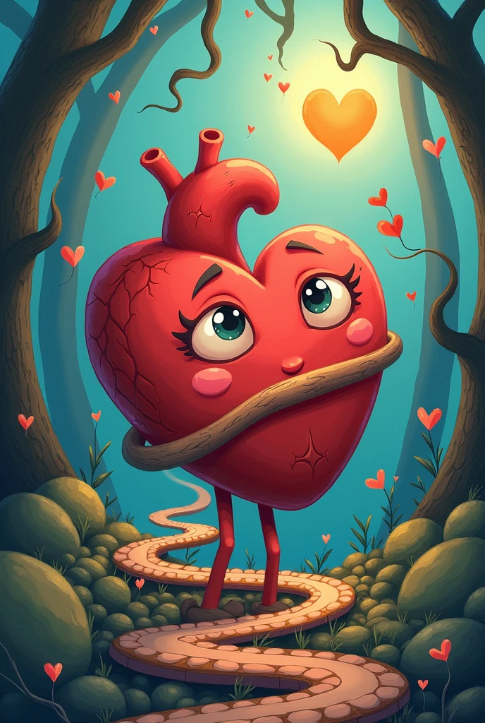 An animated heart thinking of a tangled path