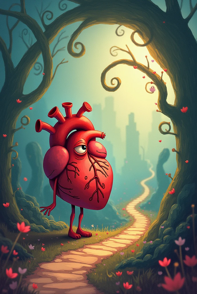 An animated heart thinking of a tangled path