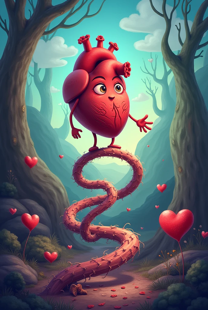 An animated heart thinking of a tangled path