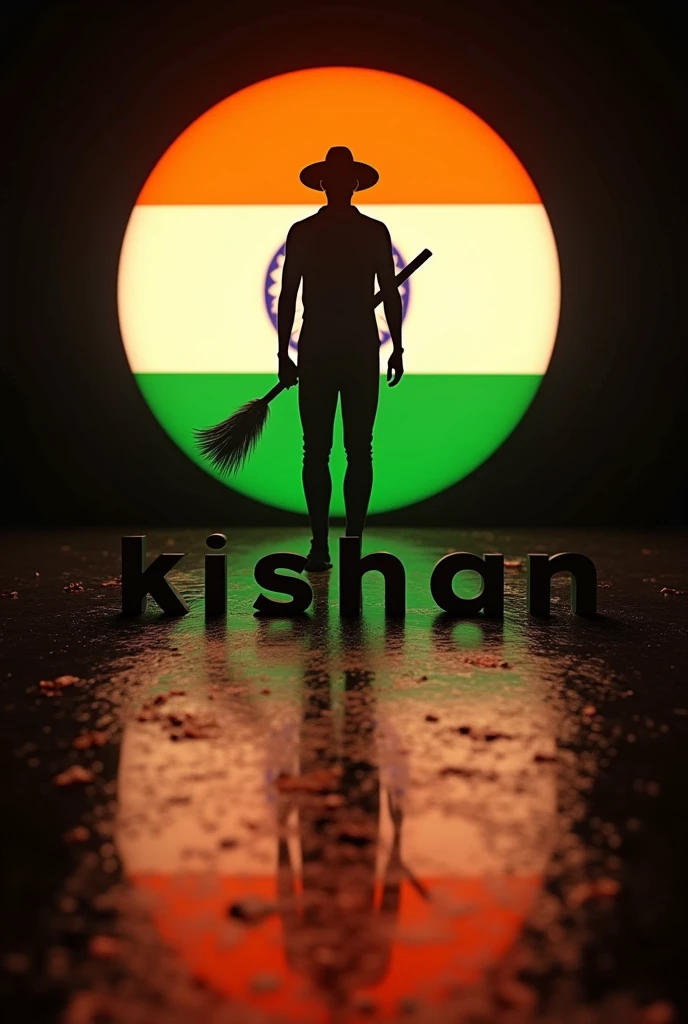 A silhouette of a person stands against a large, illuminated circle featuring the Indian flag colors (saffron, white, and green) and the Ashoka Chakra in the center. Below the circle, the Text "kishan" is displayed in bold, stylized letters: orange S, gray A, white M, and green IR. The shiny floor reflects the vibrant colors, typography, 3d render