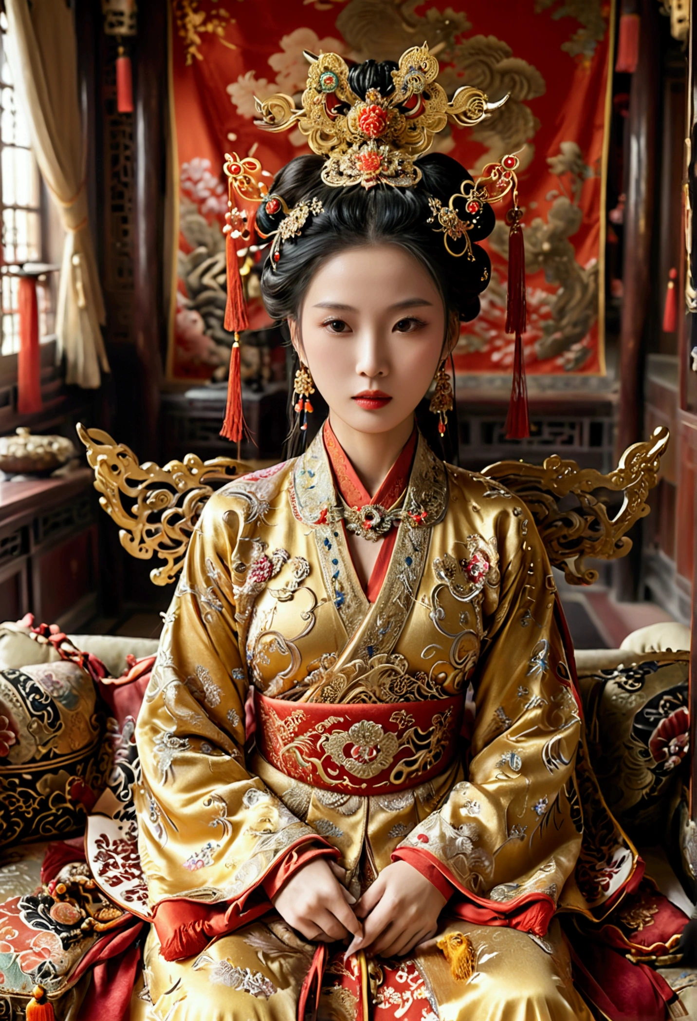 A gorgeous empress of the Chinese court during the Qing Dynasty, naked with big breasts on a golden sofa, spreading one's legs open wide with knees bent,creating the shape of the letter M(Porn Pose) A gorgeous Chinese imperial empress with her hair tied on both sides and wearing a crown、Background of kinky and erotic woman tying her hair、The story is set in the luxurious rooms of an empress in the Chinese imperial court during the Qing dynasty.。