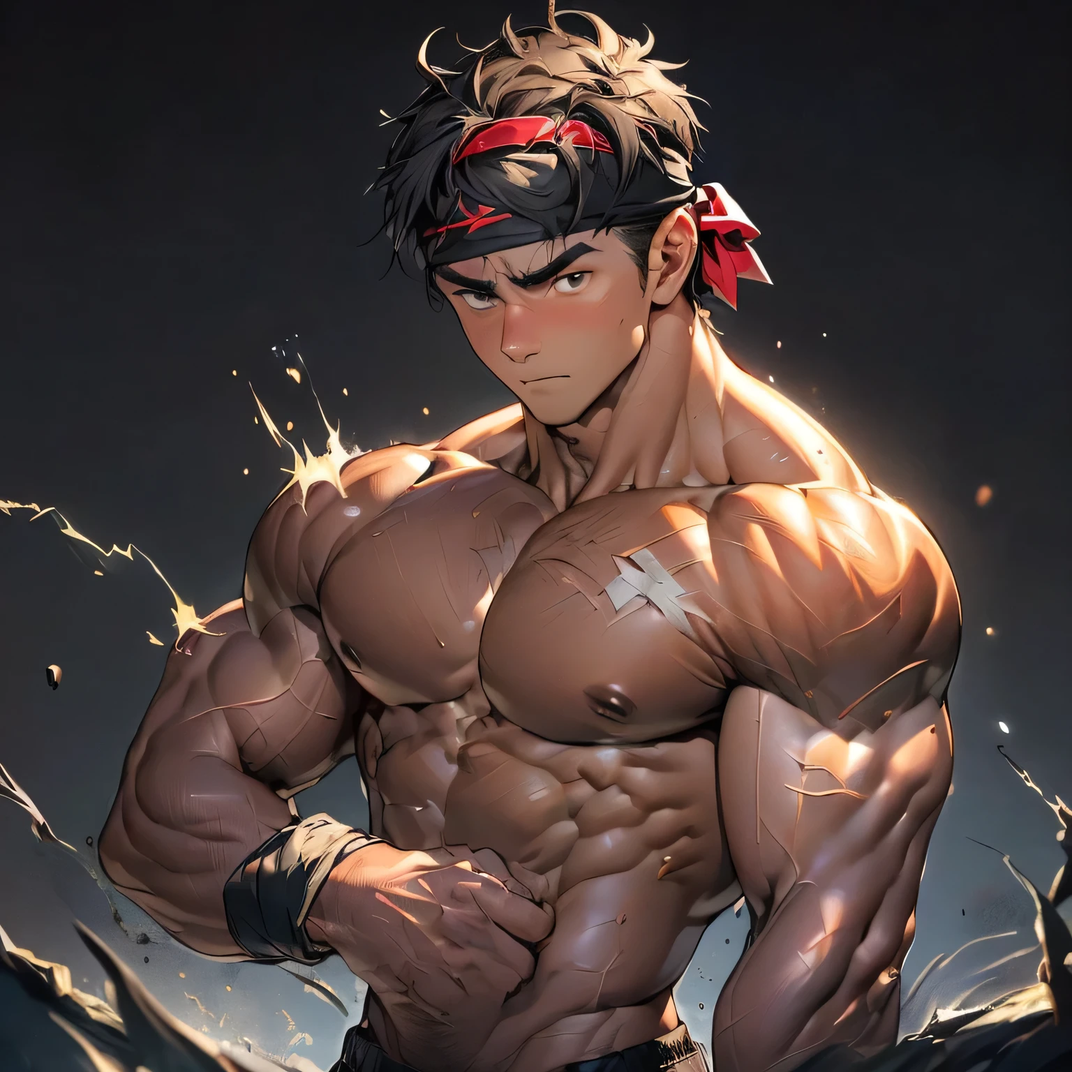 ((masterpiece, best quality)), (((((Black Background, Dark night, (Depth of field:1.2), upper body))))), (19 year old boy, Young guy, muscler, Shirtless, topless), ((((1boy, solo, tough, reliable)))), (Dark Short straight hair, ((almost completely shaved hair)), under cut, Glossy skin), (((red headband, Bandage wrapped around forearm:1.2))), Vivid colors, ((big breast, big shoulder, muscular body, sturdy body, defined round and fleshy pecs, defined round and fleshy ABS, defined round and fleshy armsmuscular, well-defined muscles, developed body, toned body, shouldermuscler)), muscler!, muscler body, detailed face, detailed muscle, (((rippling muscles, athretic body:1.1, random pose:1.2)))