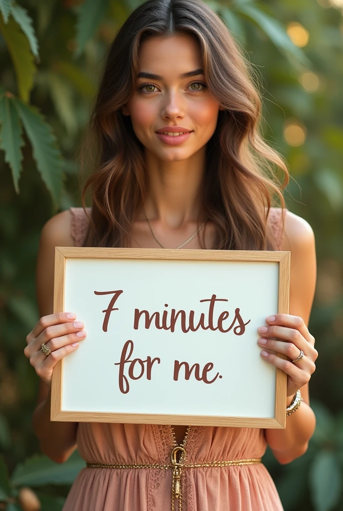 Beautiful girl with wavy long hair, bohemian dress, holding a white board with text " 7 minutes for me " and showing it to the viewer