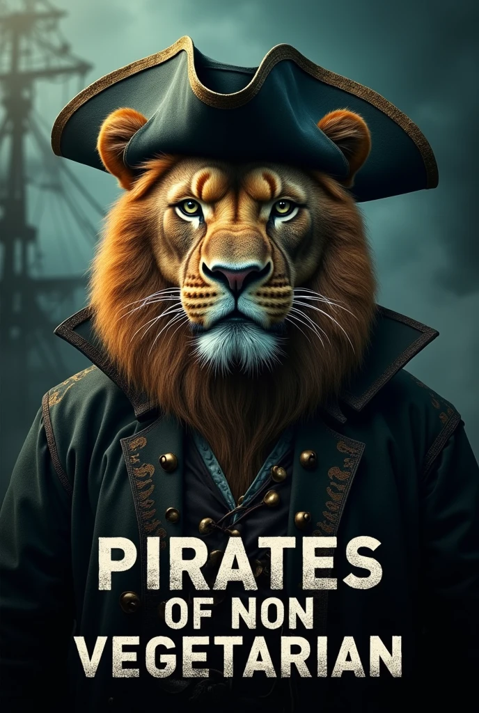 Create a cinematic poster featuring photorealistic portrait of Dressed animals - a ((fat)) lion pirate, , wearing pirate costume and pirate hat , with a serious, intense expression, He should be slightly off-center in the composition, The background should be dark and gritty, pirate's ship with smoky or grunge textures, Use a color scheme of black, deep blues, and dark greens, with subtle silver or gold accents to capture the show's mood, At the bottom of the poster, place the text "PIRATES OF NON VEGETARIAN" in large, bold, distressed letters, in a sans-serif font. The text should have a cinematic style, with slight shadow or glow effects to make it stand out against the background.