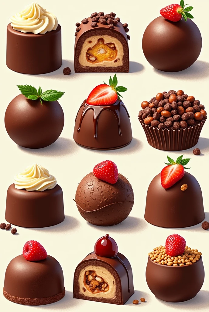 Collage of 9 drawings. There is chocolate in every picture. With different fillings, with nuts, raisins, Strawberries..
Brand Lux. Restaurant bright light. summer joy