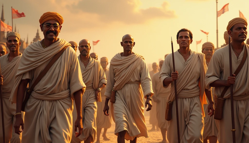 **Iconic Movements**: An image showing pivotal moments from the freedom struggle, such as the Salt March led by Gandhi, the Quit India Movement, or the Jallianwala Bagh massacre, highlighting the courage and determination of the leaders and common people.in Dall e-3 style