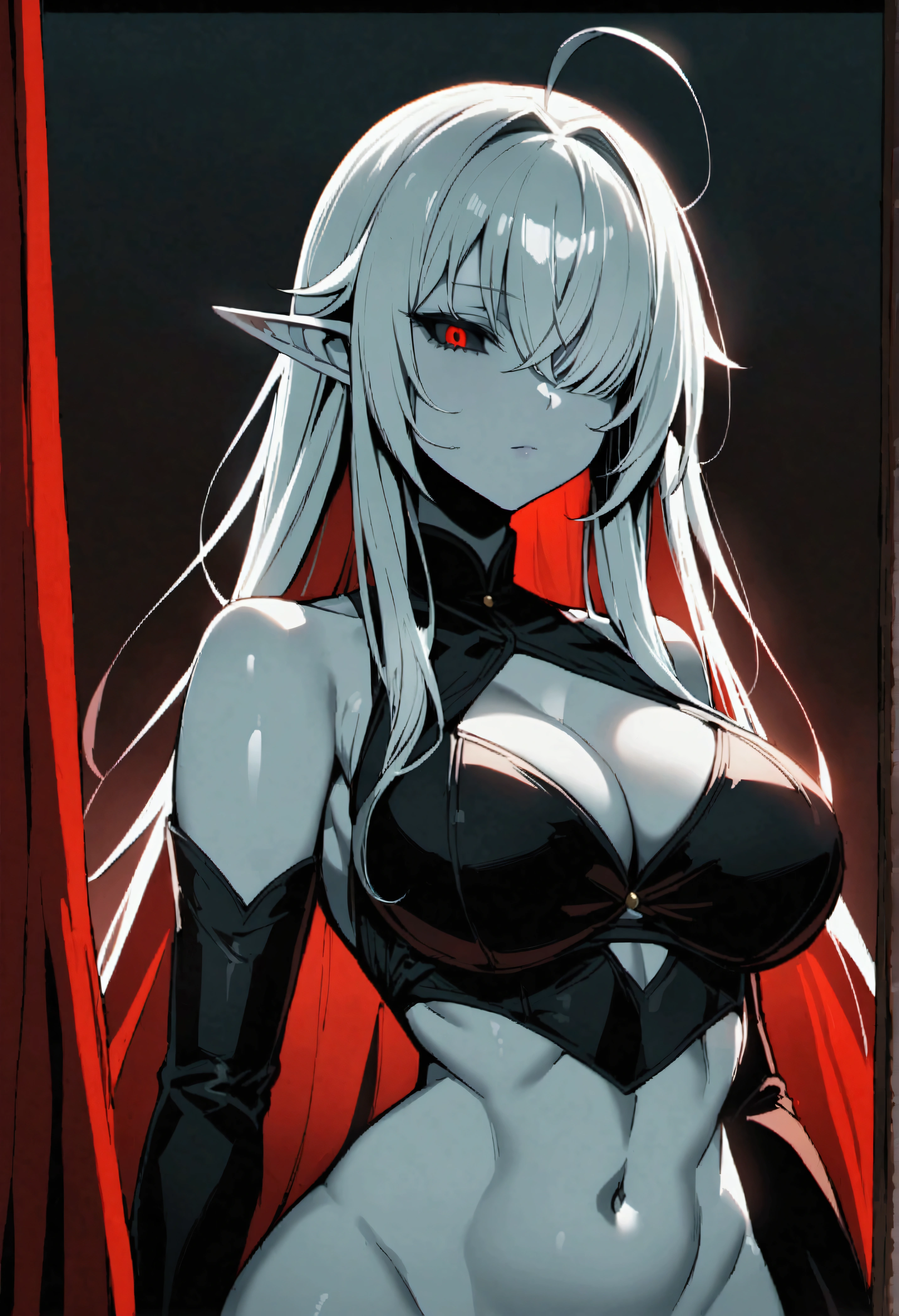 Rias Gremory、Huge ahoge、Long Hair、Hair between the eyes、Green Eyes、Redhead、One person、solo、Portrait、Upper body big、Narrow waist、Wide Hips、Slim grey hair、Straight short hair、Blunt bangs、Hair above one eye、Elf Ears、Red eyes、black sclera、Grey Skin、eyeliner、Black chest curtains、Cleavage、Side bust、abdomen、belly button、