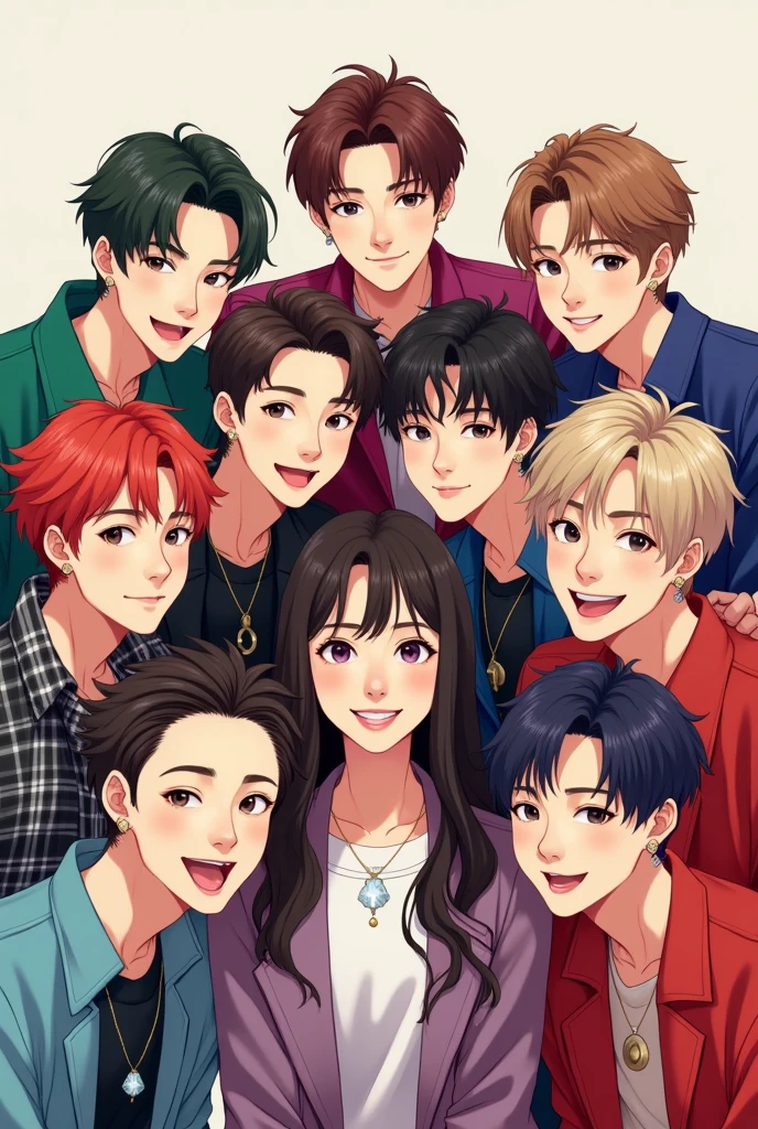 one girl, 7 boys, kpop artists, smiling, looking at front, everyone's face seen clearly