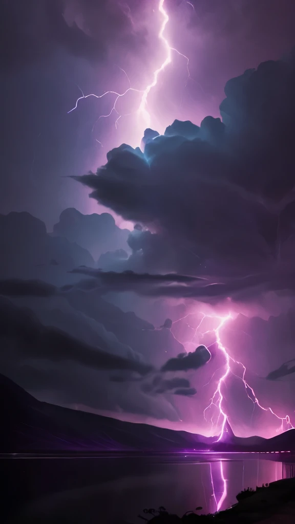 purple lightning streaks over a body of water under a cloudy sky, a picture by Anato Finnstark, tumblr, romanticism, dramatic purple thunders, pink lightning, pink storm clouds, magenta lighting. fantasy, purple lightning, beautiful lightning, dramatic pink light, purple. ambient lightning, lightning clouds, beatifull lightning, amazing lightning, exquisite lightning