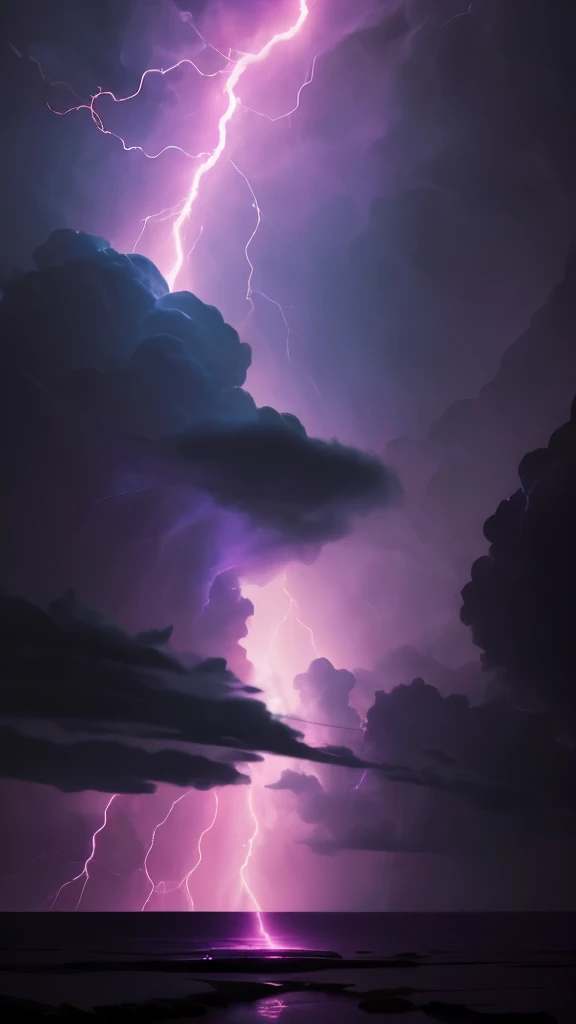 purple lightning streaks over a body of water under a cloudy sky, a picture by Anato Finnstark, tumblr, romanticism, dramatic purple thunders, pink lightning, pink storm clouds, magenta lighting. fantasy, purple lightning, beautiful lightning, dramatic pink light, purple. ambient lightning, lightning clouds, beatifull lightning, amazing lightning, exquisite lightning