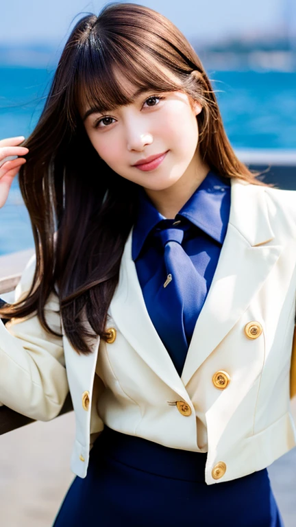 Highest quality, masterpiece, Realistic, RAW Photos, High resolution, Intricate details,Very detailed, Japanese Beauty, Attractive eyes, Straight hair, Bright smile, Asymmetrical bangs, Light brown hair, Bob Hair, (A simple navy blue double-breasted blazer), (Six gold buttons), (White collared shirt), (Navy blue tie), (Navy blue tight skirt), Black pumps, Raise your right hand high in salute, firm and youthful breasts, background, harbor, blue sea, cinematic lighting, 8k, Full body photography