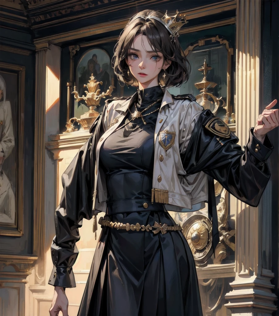 absurdres, RAW photo, extremely delicate and beautiful, masterpiece, Best Quality, ultra high resolution, 32k, hyper realistic, ultra-detailed, Very detailed CG 8k wallpaper, detailed background, landscape, Beautiful Lighting, Perfect Lightning, Realistic Shadows, perfect ???????, anatomically correct, ideal ratio body proportions, perfect figure, Perfect Style, Perfect balance, super Detailed skin, in her 30s, very Slim body, narrow waist, very small head, very small face, delicate facial features, handsome detailed woman, very detailed eyes and face, realistic face proportions, Realistic beautiful face, Realistic beautiful eyes, tearful mole, earring, cowboy shot, very huge round tits, medium short hair, asymmetrical hair, wavy hair, indoor, long military uniform jacket, holding broad katana, school_uniform, skirt, dress shirt, hair band, large crown, Royal Jewels, robot, nature, 