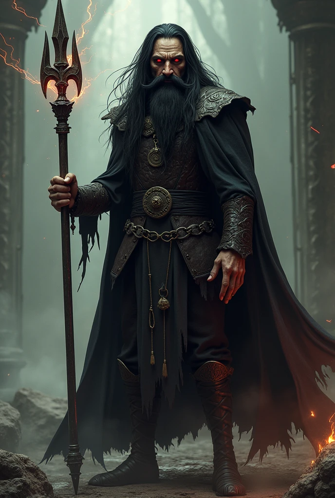 Vlad 3 very thin dwarf, impaler, long black hair, big mustache, menacing face, Eyes red. Appearing the whole body and holding a spear in the right hand, and earth magic in the other