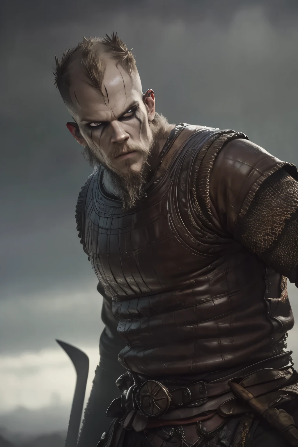 Hyper-realistic:1.4,  cinematic artwork of Floki from the Vikings series, captured in a dynamic pose with the sensation of movement, as if he's emerging from shadows in a dense, misty forest. His intense gaze and intricate facial tattoos are emphasized, reflecting his eccentric and mystical nature. The scene is bathed in a cold, harsh light that contrasts with the dark, ominous surroundings, capturing the grim atmosphere of the Viking era. The image should convey a sense of depth, with a strong focus on three-dimensionality, highlighting Floki's enigmatic and chaotic personality, set against the backdrop of the Norse world. (((Lora:Depth of field V.IT:1.0, Cinematic thunder background))).