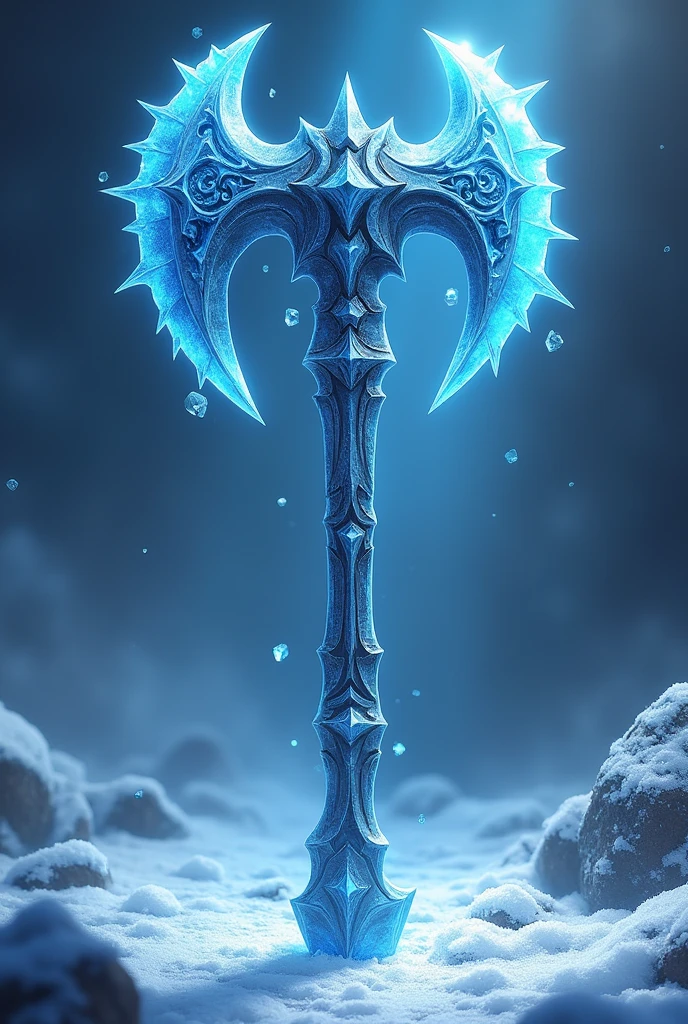 Large glacial axe, アニメ, magic item, shiny blue, thorny, lamina orateada