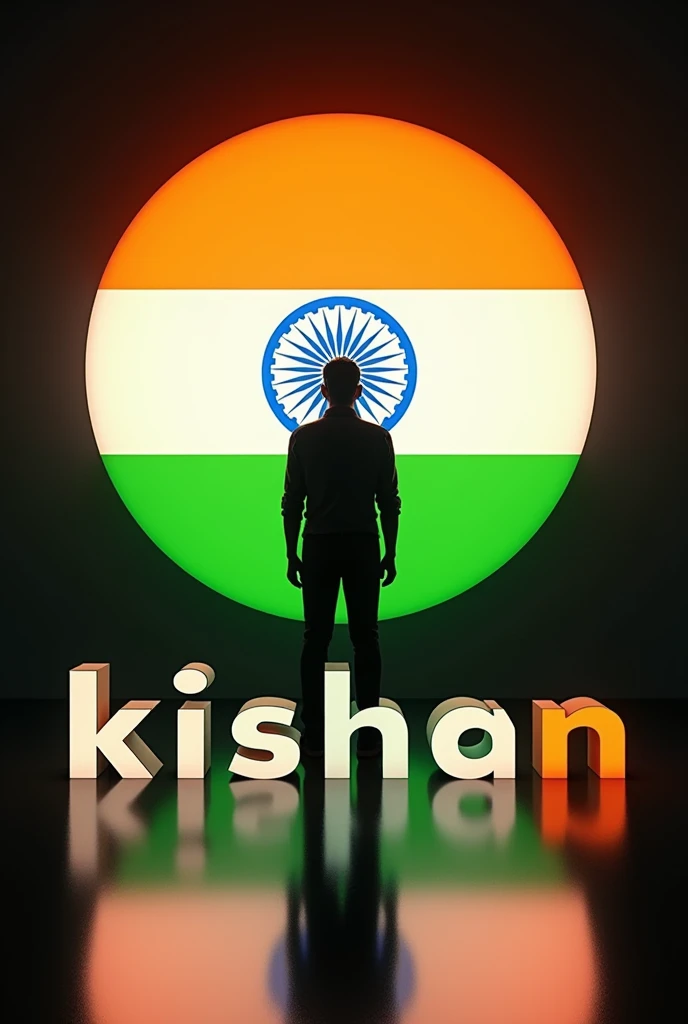 A silhouette of a person stands against a large, illuminated circle featuring the Indian flag colors (saffron, white, and green) and the Ashoka Chakra in the center. Below the circle, the Text "kishan" is displayed in bold, stylized letters: orange S, gray A, white M, and green IR. The shiny floor reflects the vibrant colors, typography, 3d render