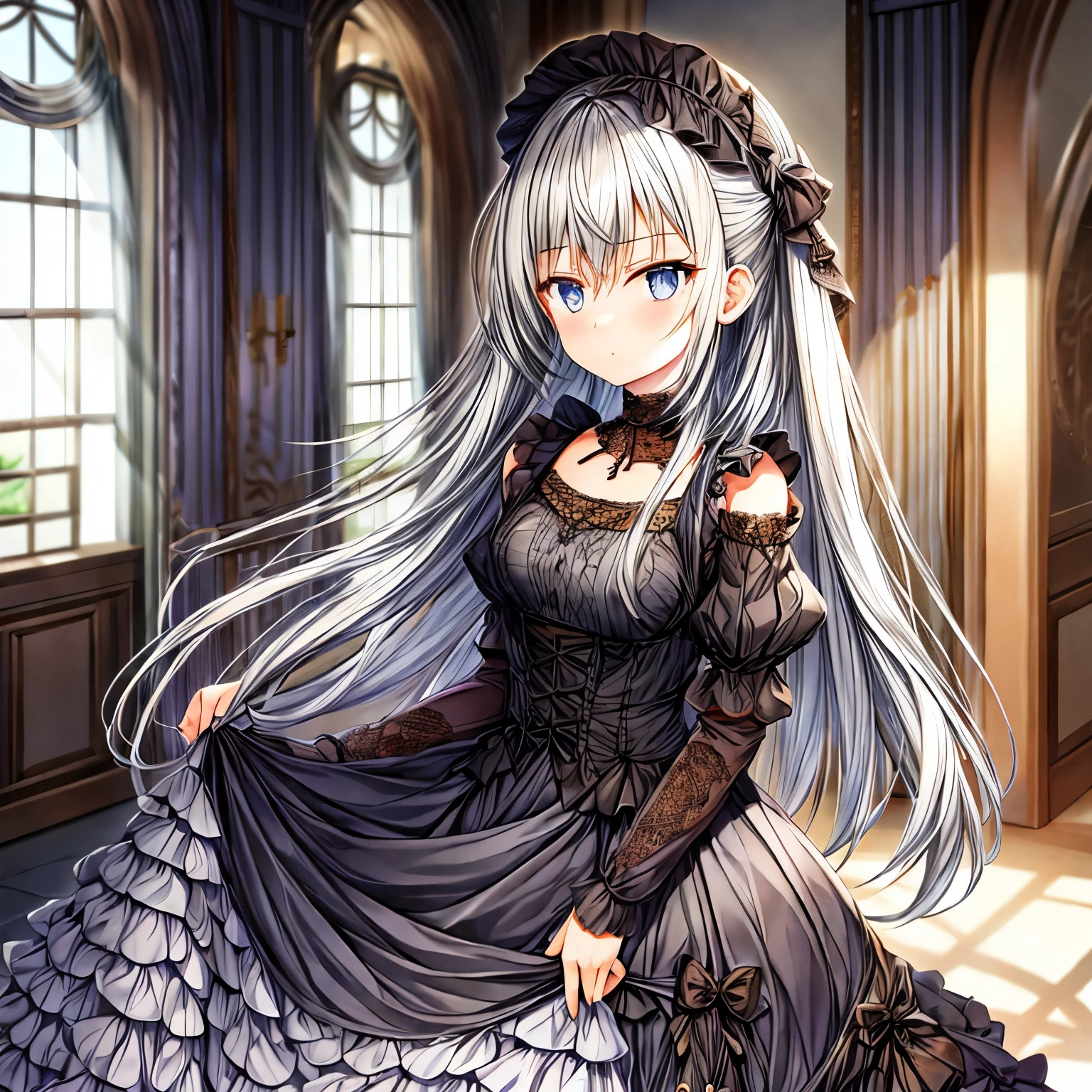 Little gothic german girl, long grey hair, grey eyes, dress, full body, in the house, neutral expression.