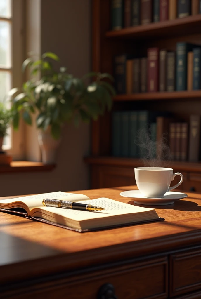A study table with books pen and coffee mug