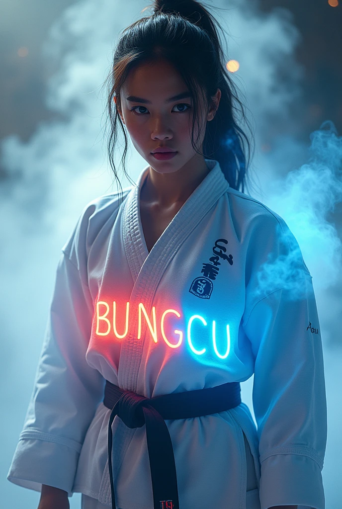 wide angle portrait of a beautiful 20 year old Indonesian girl wearing karate outfit in WARRIOR position, smoke and sparks effect with blue electric light, white and gray background, realistic ultra HD images that are perfect and flawless, rainbow colored smoke, add a spark of fiery red.displays "BUNGCU". on his clothes.blue neon font