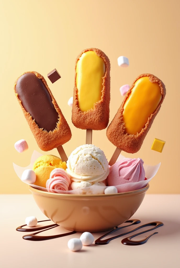 Make me a picture of Wrap pops, it’s a siomai wrapper with a sweet filling of ube-cheese, chocolate-banana, and mango-cream cheese. It’s fried. Put some chocolate drizzle, marshmallows, and ice cream on top. it’s sealed and it’s fried. theres no stick. 1 pop each for ube-cheese, chocolate-banana, and mango cream cheese. 1 for 3 pops, it should be placed in the center on top. wrap pops can be rectangle form but sealed