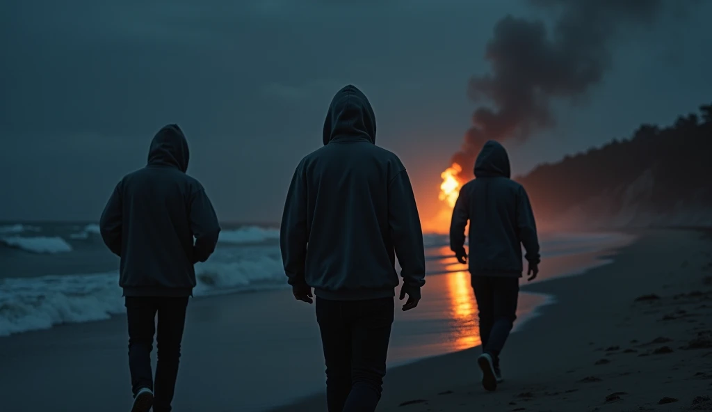 Three 28-year-old boys are hiding their faces with hoodies. The three are walking along the beach. The fire is burning. It is very dark