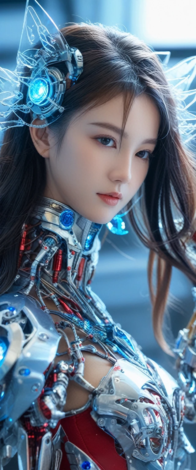 front_view, masterpiece, best quality, Reality, RAW photos, (1 Girl, looking at viewer), long hair, Transparent glass mecha, Complex textures, Delicate blue filigree, intricate filaments, red metal parts, Details, Dynamic poses, Detailed background, Dynamic Lighting,