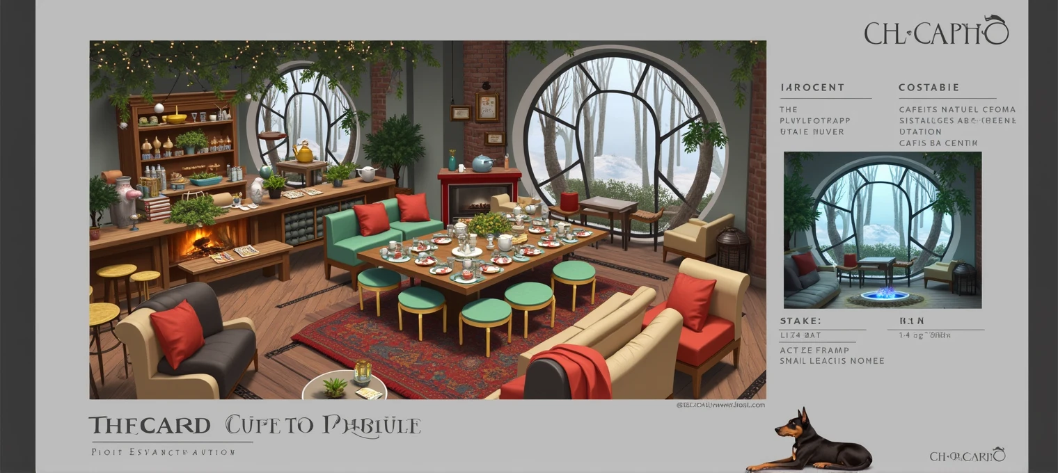 "Create a spacious, vibrant, and beautifully decorated cafe interior with a large, industrial-style circular window that offers a breathtaking view of a snowy forest. The cafe is filled with lush hanging plants, twinkling fairy lights, and a variety of eclectic decorations. In the center of the room is a grand, elegantly set table, featuring an assortment of teapots, teacups, and a beautifully patterned tablecloth. Surrounding the central table are numerous cozy seating areas with plush, colorful sofas and chairs, each accented with decorative pillows and throws. The bar area stretches along one side, featuring a brick wall adorned with shelves filled with pastries, coffee beans, mugs, and glassware. The floor is covered with vibrant, patterned rugs, and various side tables hold potted plants, books, and magazines. The atmosphere is warm and inviting, with a fireplace in the corner and a dog resting nearby. The cafe exudes a lively yet cozy charm, perfect for a relaxed and social setting in an expansive space."