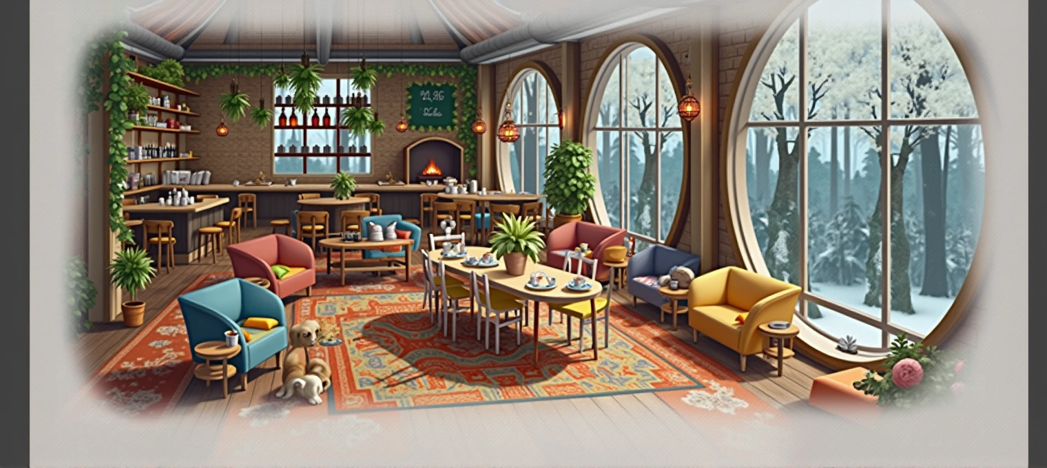 "Create a spacious, vibrant, and beautifully decorated cafe interior with a large, industrial-style circular window that offers a breathtaking view of a snowy forest. The cafe is filled with lush hanging plants, twinkling fairy lights, and a variety of eclectic decorations. In the center of the room is a grand, elegantly set table, featuring an assortment of teapots, teacups, and a beautifully patterned tablecloth. Surrounding the central table are numerous cozy seating areas with plush, colorful sofas and chairs, each accented with decorative pillows and throws. The bar area stretches along one side, featuring a brick wall adorned with shelves filled with pastries, coffee beans, mugs, and glassware. The floor is covered with vibrant, patterned rugs, and various side tables hold potted plants, books, and magazines. The atmosphere is warm and inviting, with a fireplace in the corner and a dog resting nearby. The cafe exudes a lively yet cozy charm, perfect for a relaxed and social setting in an expansive space."