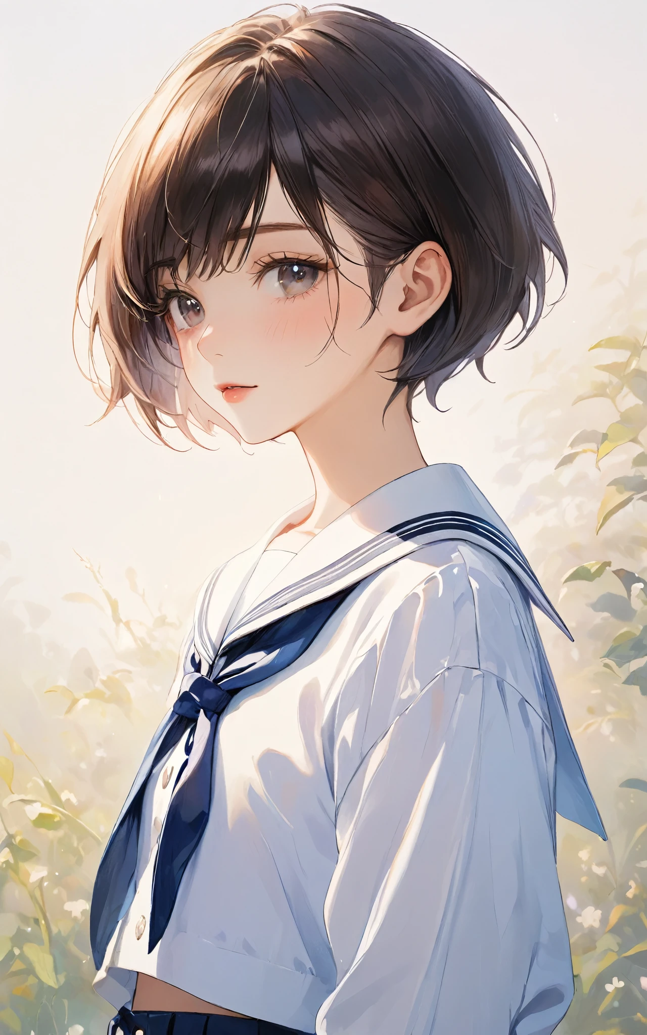 (masterpiece, Highest quality:1.2)、beauty、manly、boyish、Flat Chest、Sailor suit、Pixie Cut、