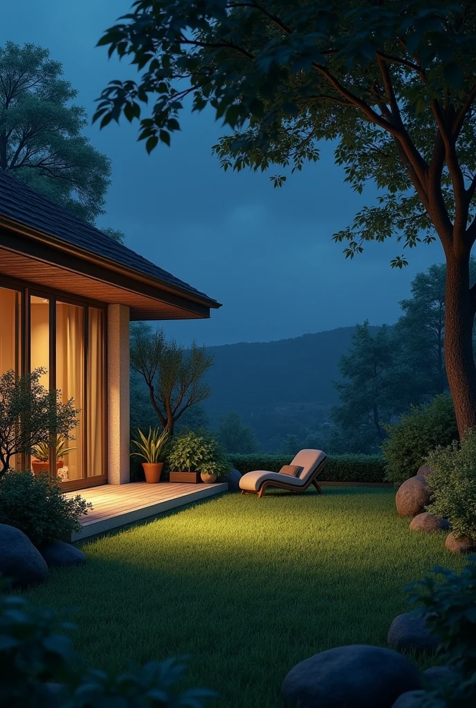 A house patio full of grass and with the light of the night
