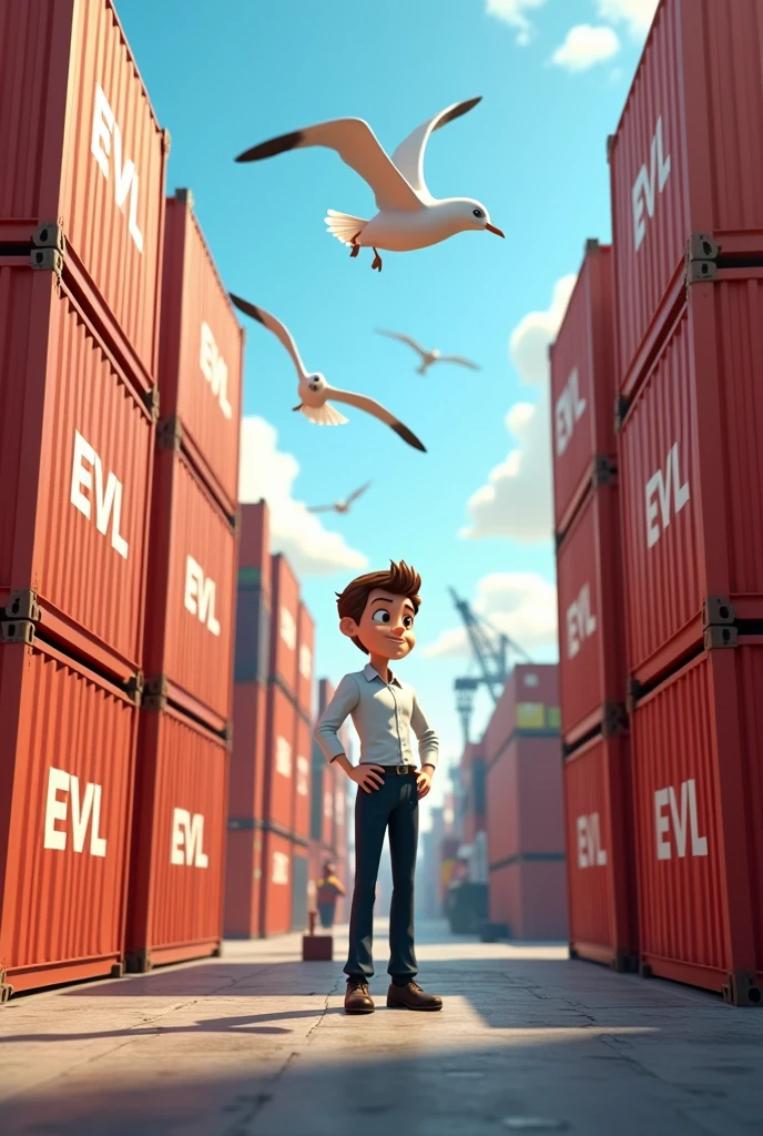 Create a Pixar-style image with an adult person in the office and in the background containers in the port written on the EVL container