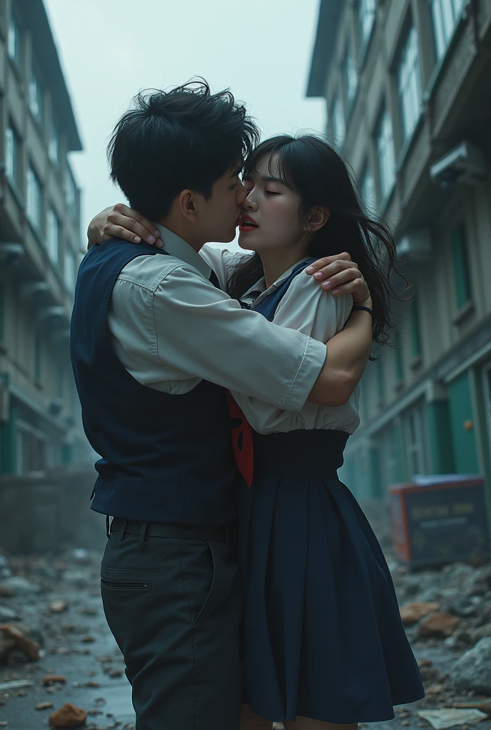 A korean male student in student uniform put his hand around a female student in student uniform neck  until she die on the ground.