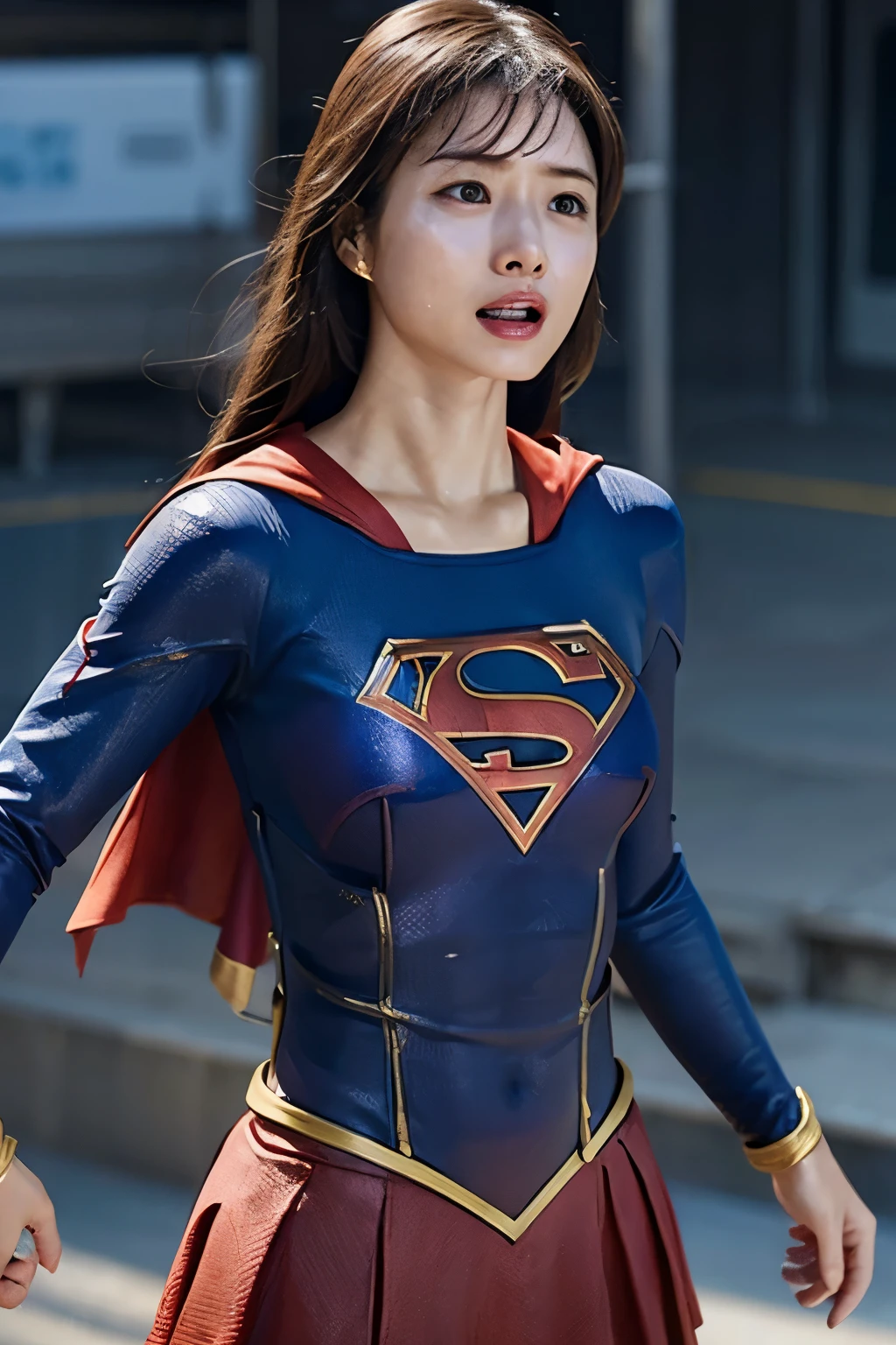 supergirl, leotard, Anguished expression, whole body, impatience, sweaty, Struggling