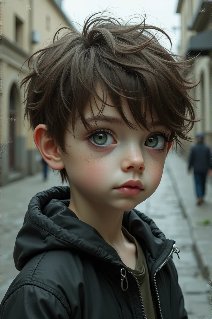 Boy with brown street hair whitebody havegreyeyes