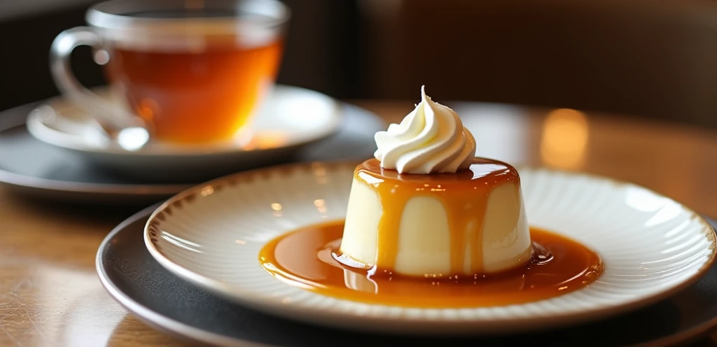 Pudding served at a chic restaurant。
There is a plate on the right side of the table.、There is a cold pudding dripping with caramel on the plate.。Next to the pudding is a dollop of fluffy whipped cream.。
Don't add mint。
There is a cup of tea in the back that is not steaming.。