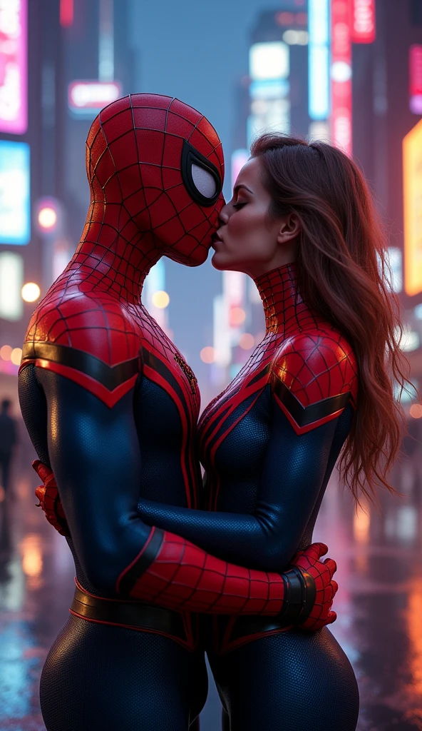 Spiderman and Spidergirl kiss, very high quality 16k resolution images. in depth and detailing.