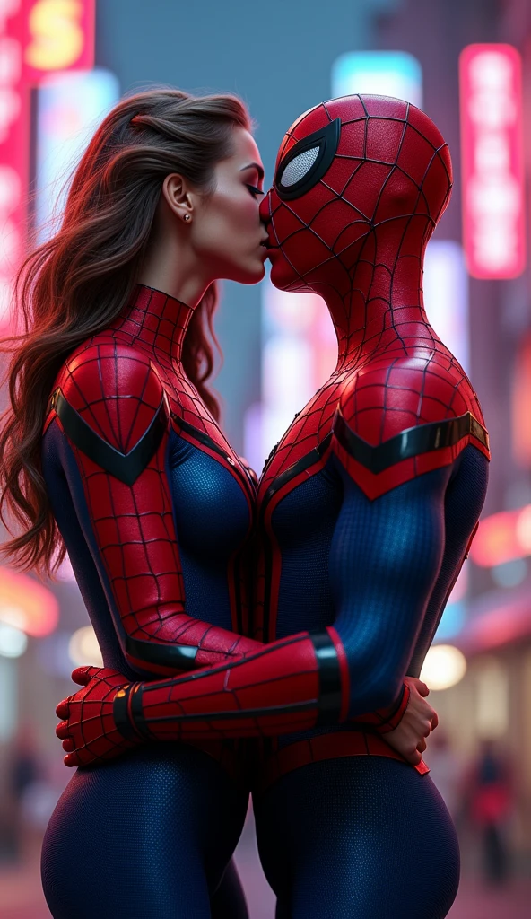 Spiderman and Spidergirl kiss, very high quality 16k resolution images. in depth and detailing.