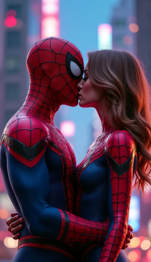 Spiderman and Spidergirl kiss, very high quality 16k resolution images. in depth and detailing.