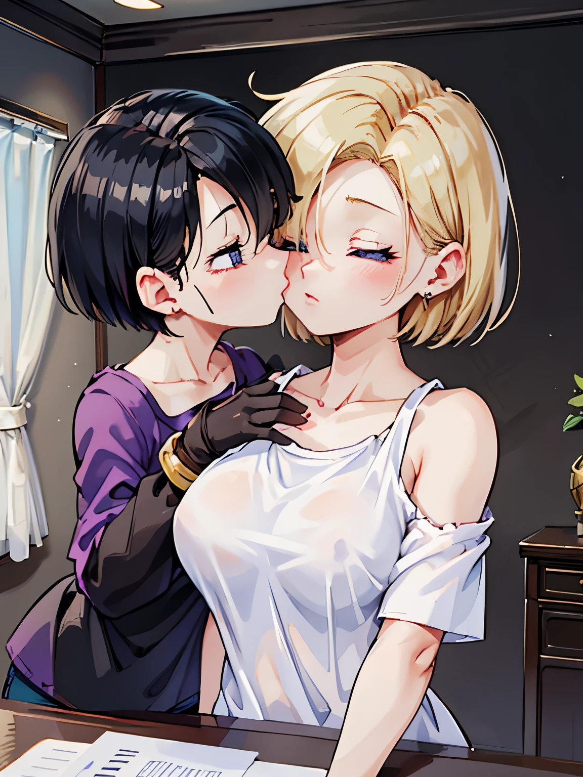 He saw,Android 18,Tabletop, Highest quality,shape, wallpaper, Very detailed, Absurd beauty、(night、Dark Room)、((Two、))、(((kiss)))、(blonde、Medium Hair、short hair、Very large breasts)、close your eyes、White T-shirt、Off the shoulder、Shyness