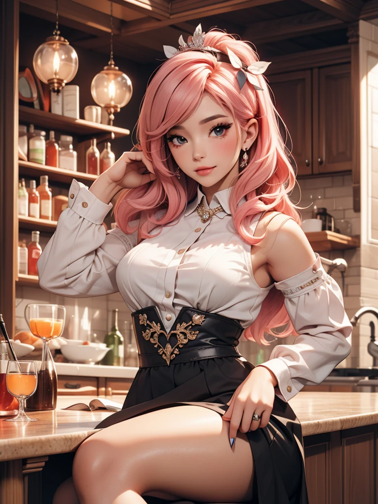 Full body photo, 1woman, Belle Delphine face, sexy slut, slutty thick curvy body, small breast, royal outfit, long pink hair, matte color scheme
