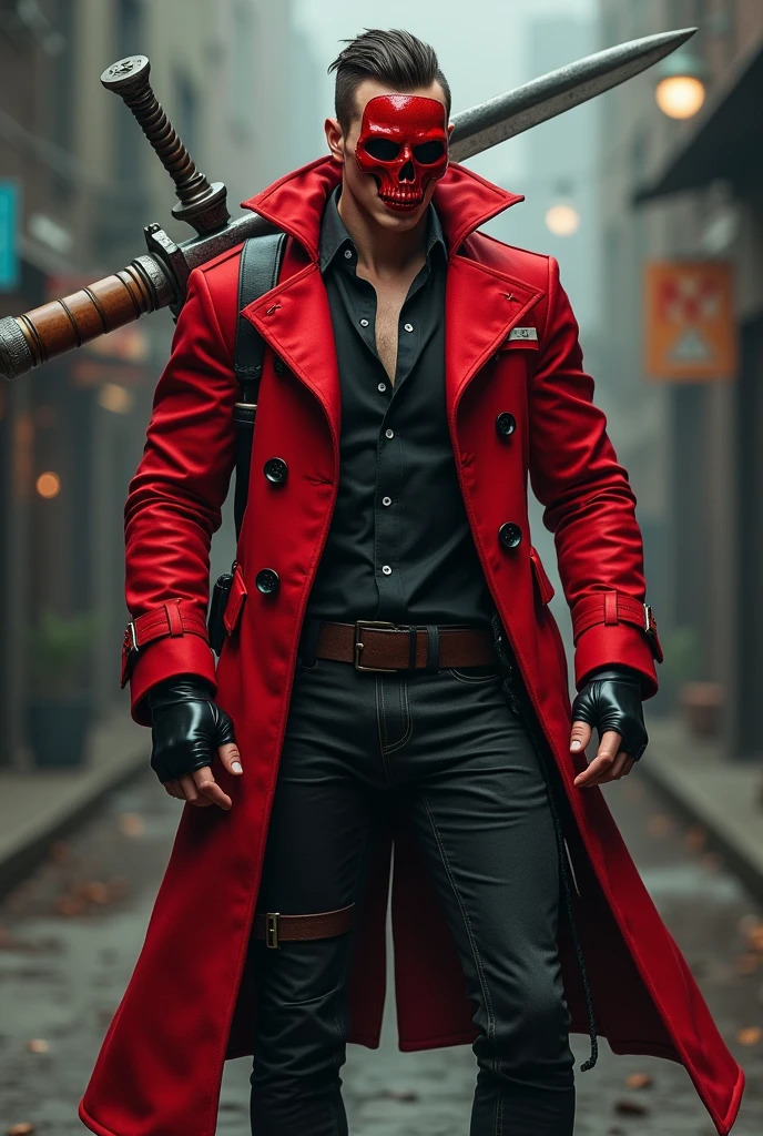 (photorealism:1.2), Create an anti-hero. that measures 1,87 cm, that is with a marked physique, that wears a red trench coat, a large sword on his back, Wearing black leather fingerless gloves, wearing a red skull mask, that on the sides of the legs, carry 2 revolver weapons. And that he is handsome.