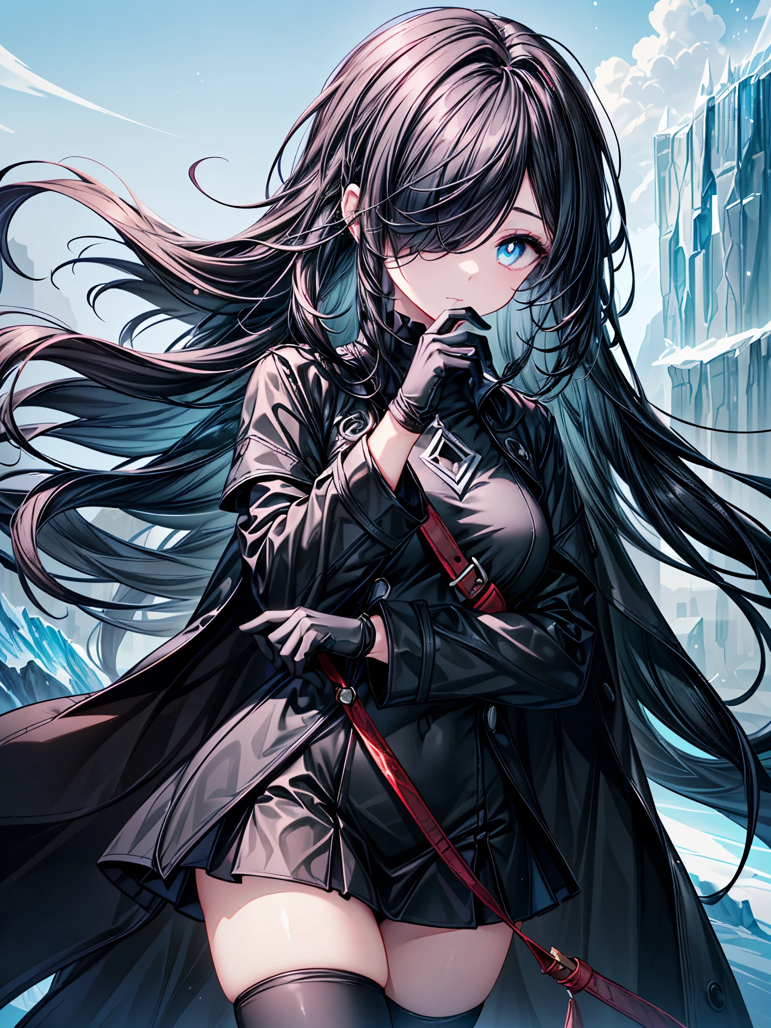 ((spell casting)),((Celestial Glacier)),((masterpiece)),((light particles)),((black micro mini length skirt),((alone)),(Serene),((Deep blue pupils)),((sparkling eyes)),(Beautiful Blue Eyes),((Wearing a black coat)),(((Wearing black tights))),(Slim body),((length, Shiny black hair)),((Her left eye is completely hidden by her bangs)),((Her hair is parted, and you can see her eyes through it)),((Wearing black gloves)),((hair over one eye,long hair)),((Hair blowing in the wind)
