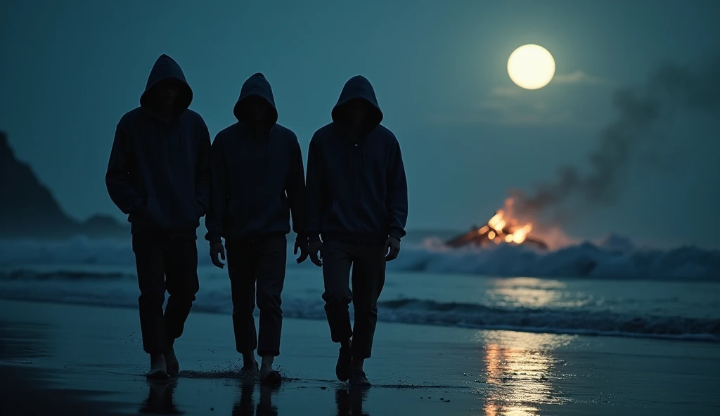 Three 28-year-old boys are hiding their faces with hoodies. The three are walking along the beach. The fire is burning. It is very dark