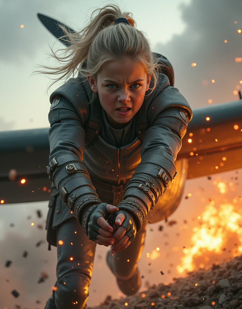 A girl in armor with an angry facial expression, flew through the body of the fighter plane from top to bottom with her hands until it broke and burned, sparks were visible on the fuselage. Sky background.