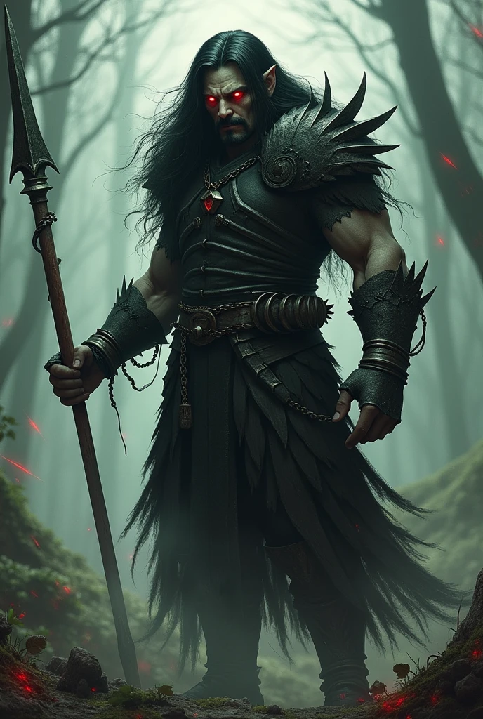 Vlad 3 very thin dwarf, impaler, long black hair, big mustache, menacing face, Eyes red. Appearing the whole body and holding a spear in the right hand, and earth magic in the other