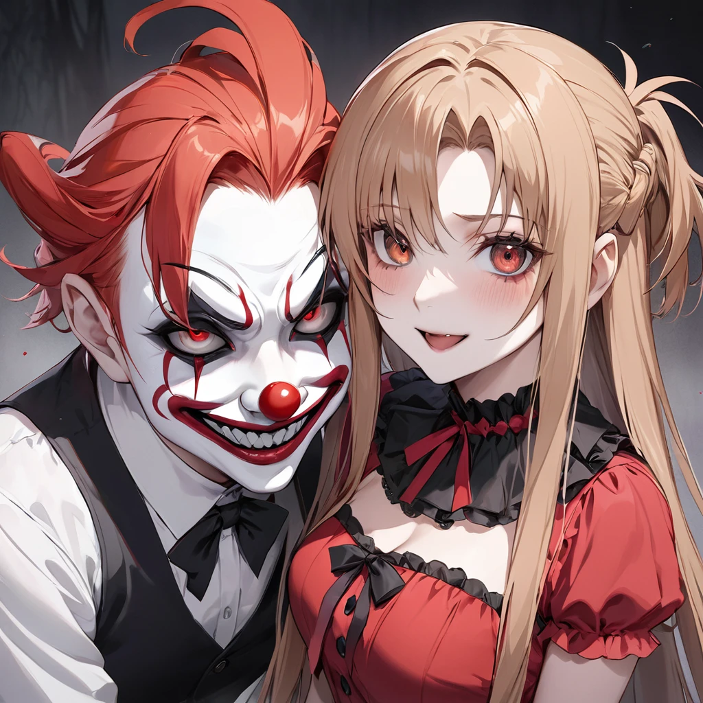 ((Highest quality)), ((masterpiece)), (detailed), （Perfect Face）、((The woman is Yuuki Asuna, with light brown, medium-long hair, pure white skin, and is wearing a creepy clown costume and a creepy clown mask.))、Woman is a creepy and evil clown with makeup on her face and a red nose、The woman is a creepy, evil, lewd clown who is a minion of an evil organization.