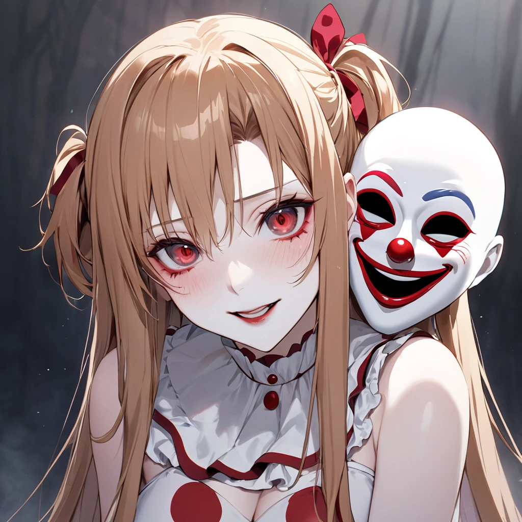 ((Highest quality)), ((masterpiece)), (detailed), （Perfect Face）、((The woman is Yuuki Asuna, with light brown, medium-long hair, pure white skin, and is wearing a creepy clown costume and a creepy clown mask.))、Woman is a creepy and evil clown with makeup on her face and a red nose、The woman is a creepy, evil, lewd clown who is a minion of an evil organization.