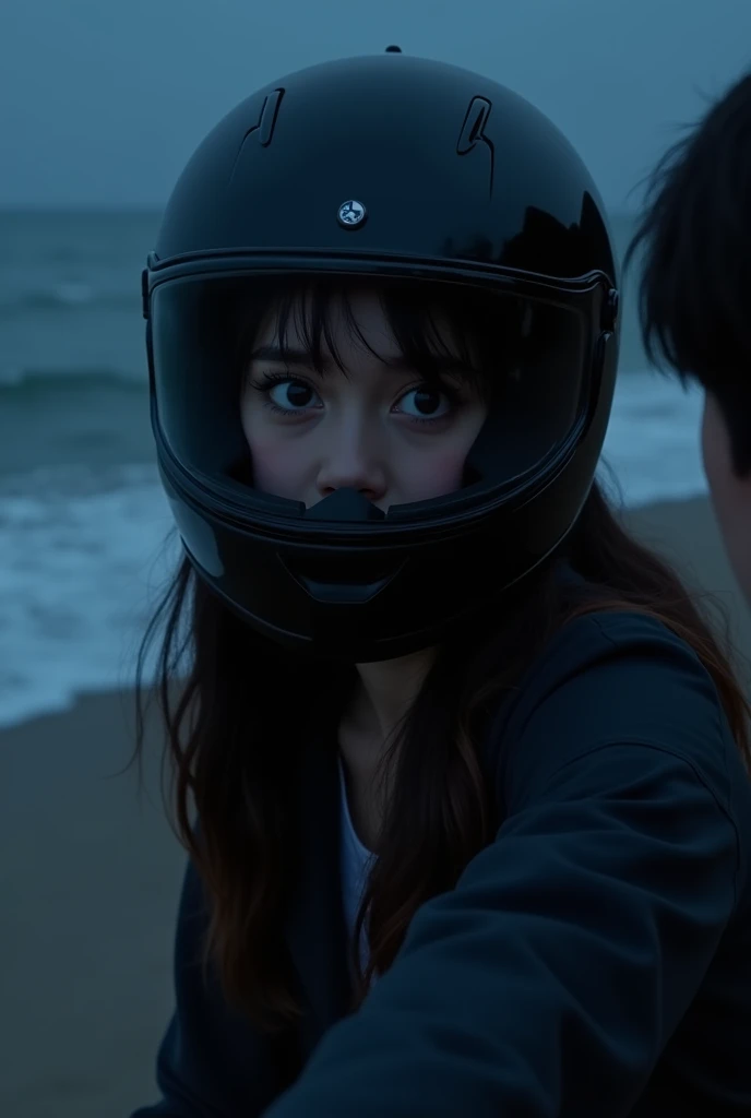 A girl black hair selfie with Motor bicycle helmet on, at night time beach, hide face completely and a boy's shoulder barely in the frame. Make it realistic